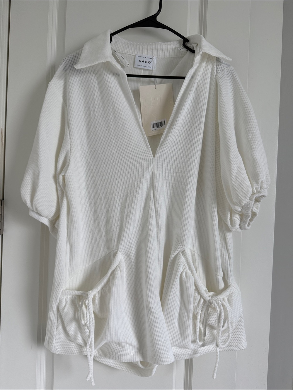 Sabo Skirt White Ribbed V-Neck Romper with Drawstring Pockets